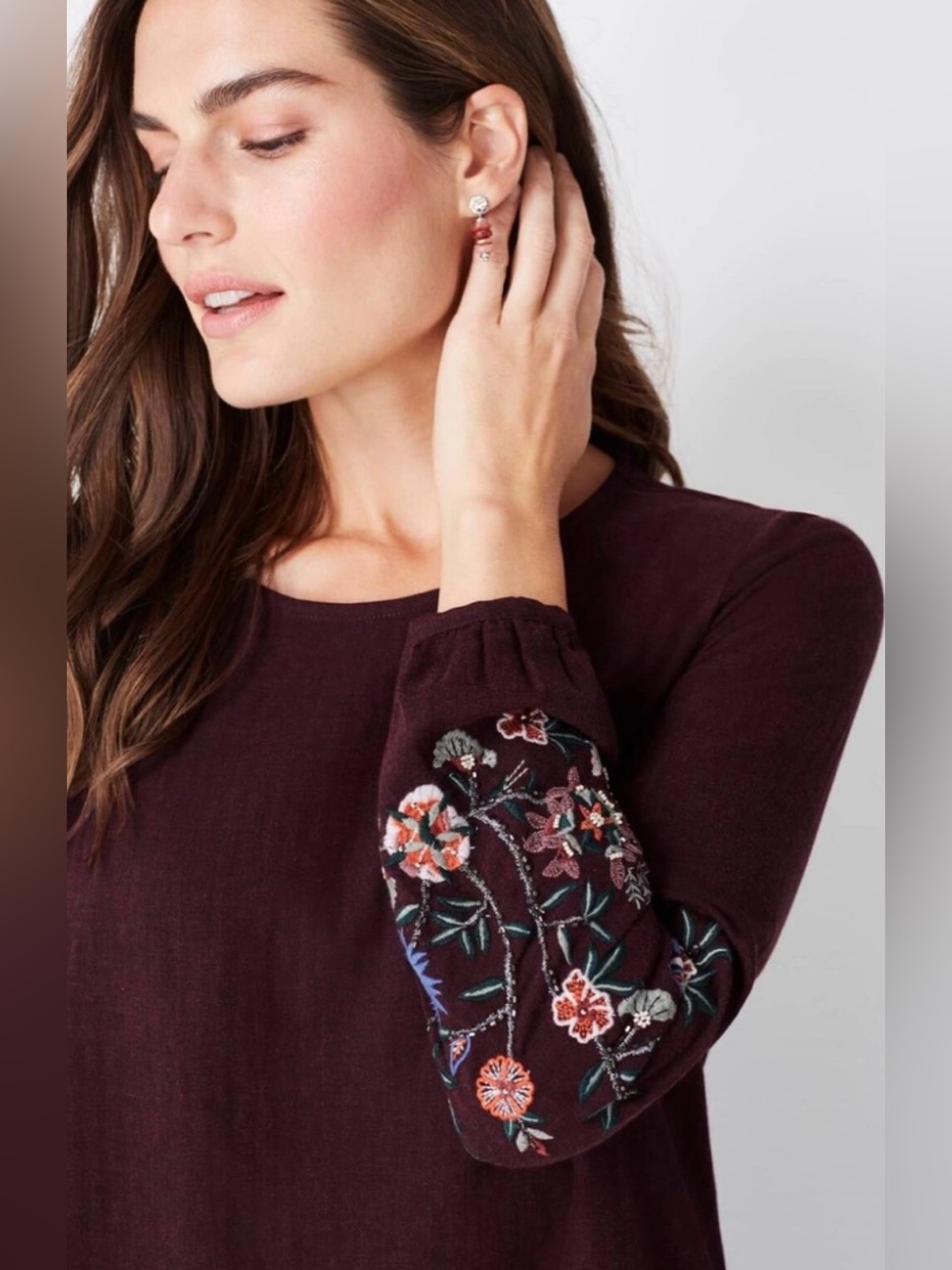 J. Jill Embroidered-Sleeve Knit Top - Plum